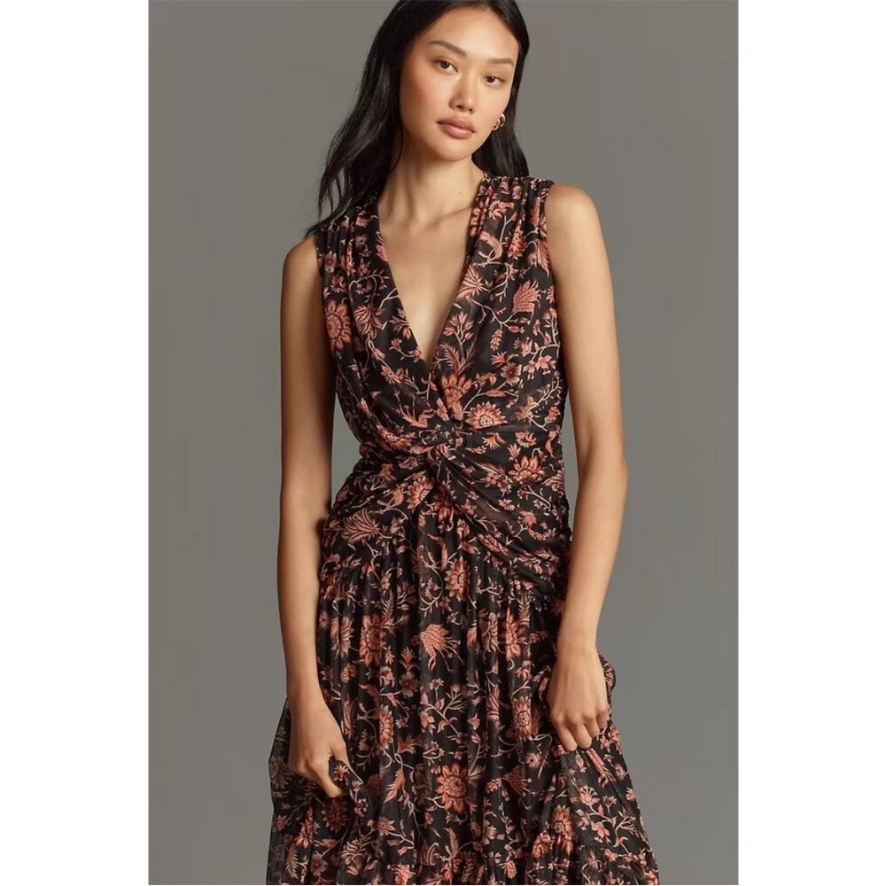 Sleeveless Black Floral Twist-Front Maxi Dress